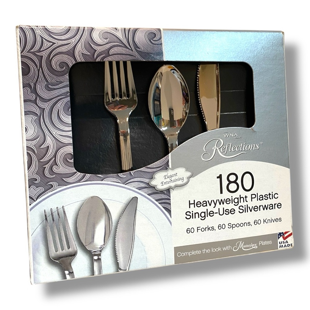 Reflections Silver Heavyweight Plastic Silverware Set 180 pieces total